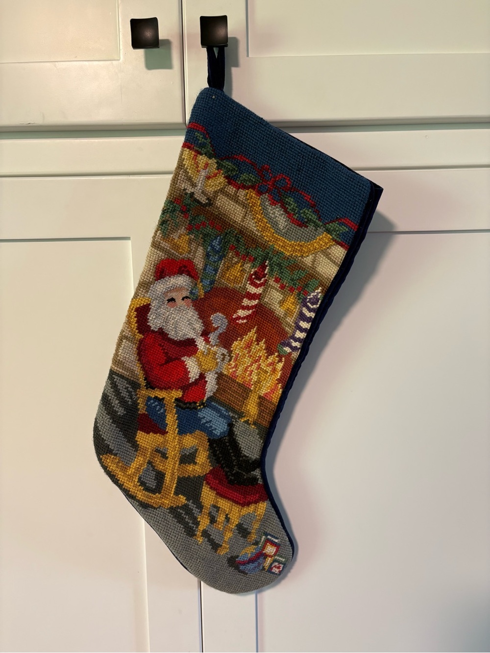 Vintage Santa Christmas Stocking Needlepoint Wool/Velvet